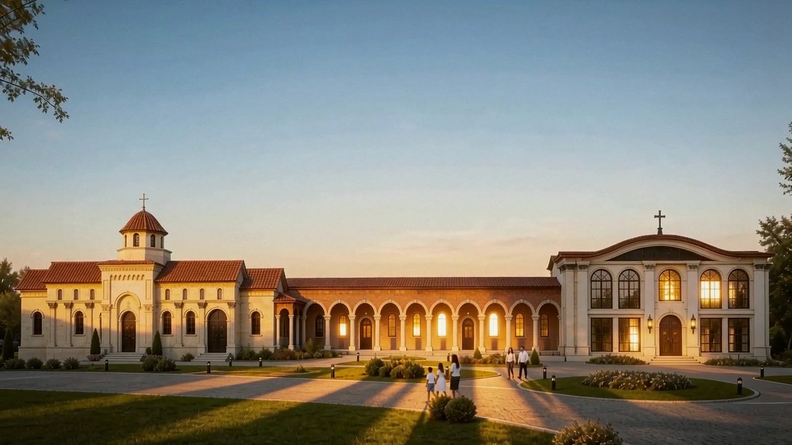 Concept rendering of the new Social Hall & Cultural Center at Saint Mary's at sunset